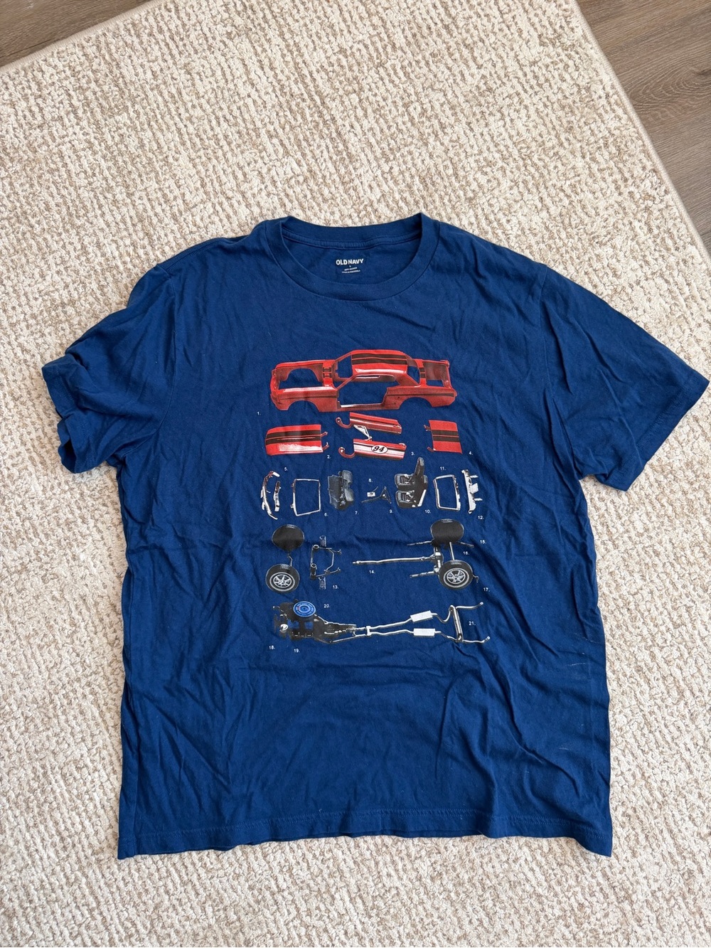 Old Navy Navy Blue Tee with Red Car Parts Graphic